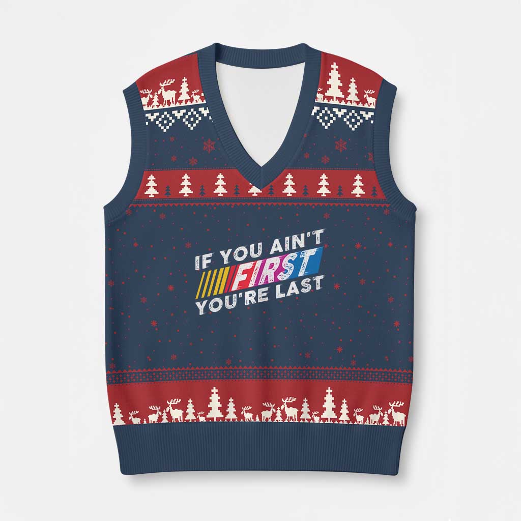 Funny Racing V-Neck Knit Sweater Vest If You Are Not First You Are Last TS14 Navy Red Print Your Wear