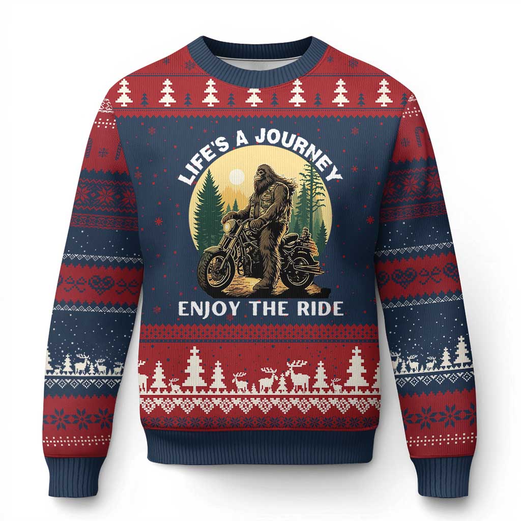 Motorcycle Bigfoot Sasquatch Ugly Christmas Sweater Life Is A Journey Enjoy The Ride TS14 Navy Red Print Your Wear