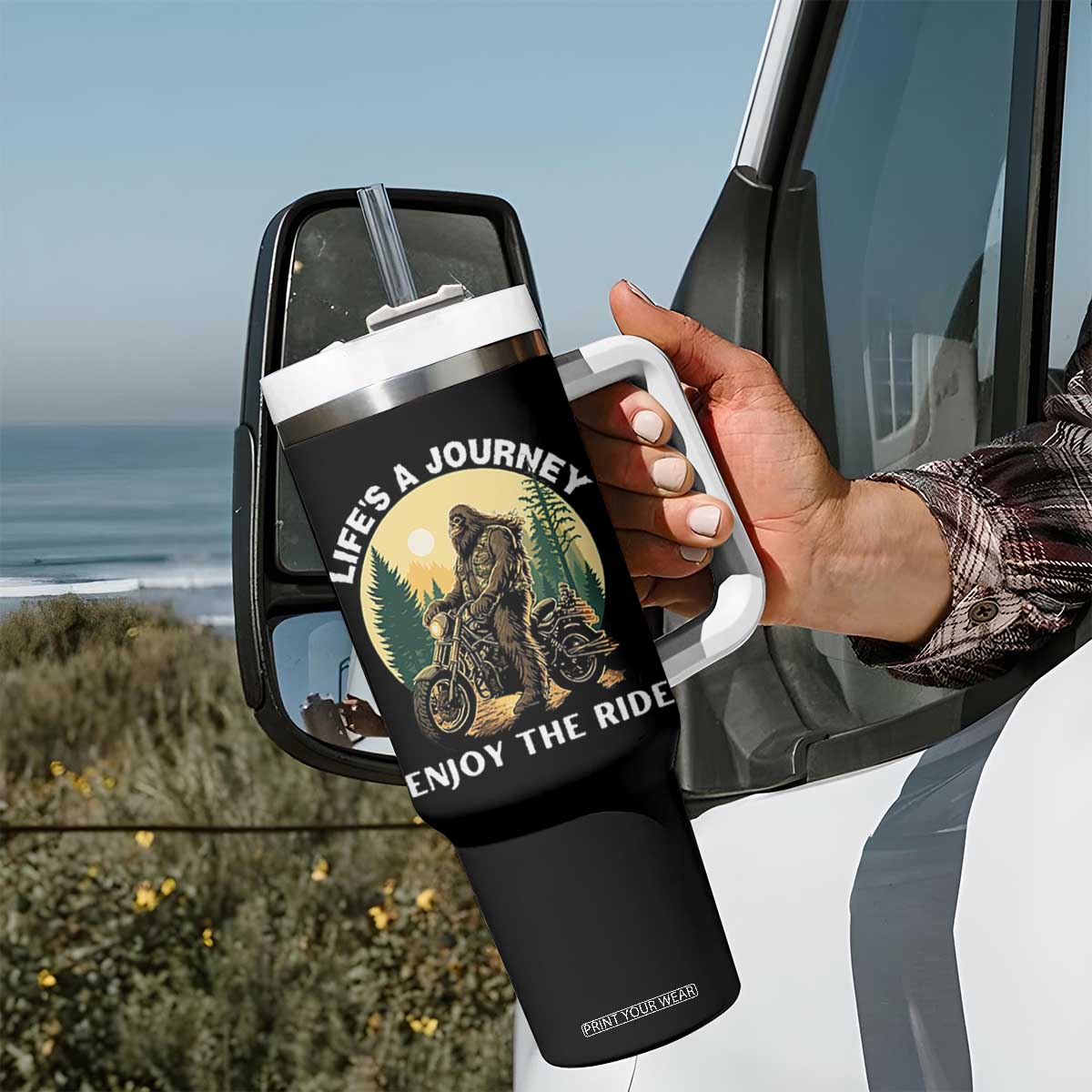 Motorcycle Bigfoot Sasquatch Tumbler With Handle Life Is A Journey Enjoy The Ride TS14 Print Your Wear