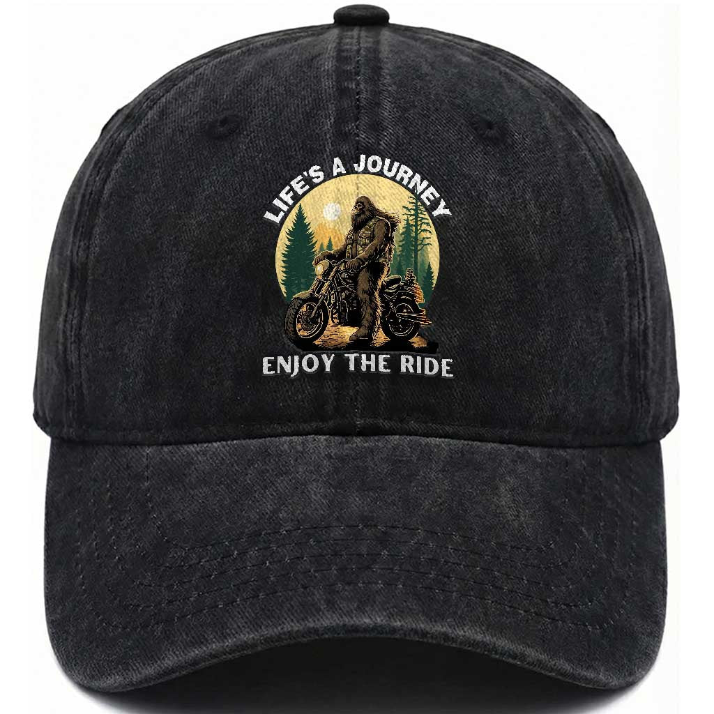 Motorcycle Bigfoot Sasquatch Washed Cotton Baseball Cap Life Is A Journey Enjoy The Ride TS14 Washed Cap Universal Fit Black Print Your Wear