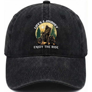 Motorcycle Bigfoot Sasquatch Washed Cotton Baseball Cap Life Is A Journey Enjoy The Ride TS14 Washed Cap Universal Fit Black Print Your Wear