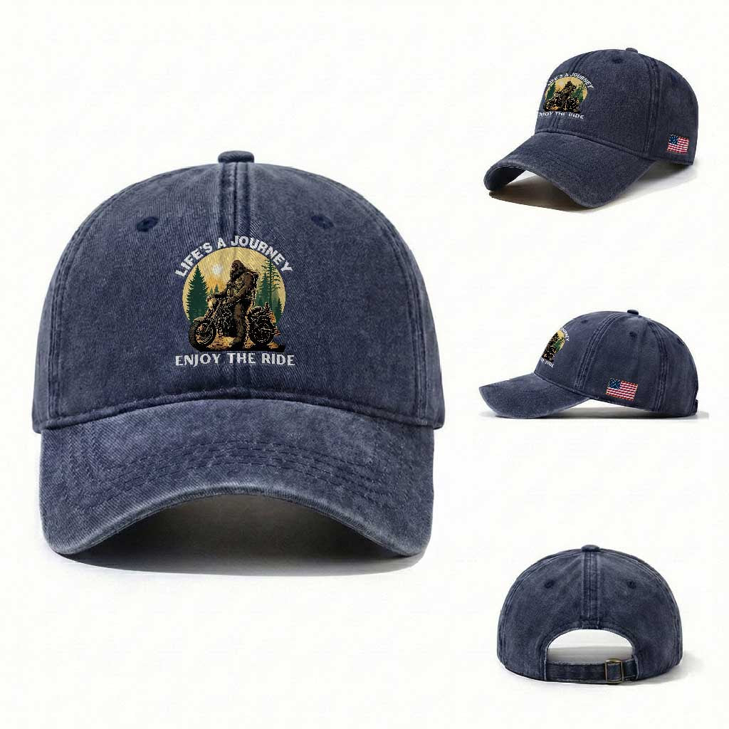 Motorcycle Bigfoot Sasquatch Washed Cotton Baseball Cap Life Is A Journey Enjoy The Ride TS14 Washed Cap Universal Fit Navy Print Your Wear