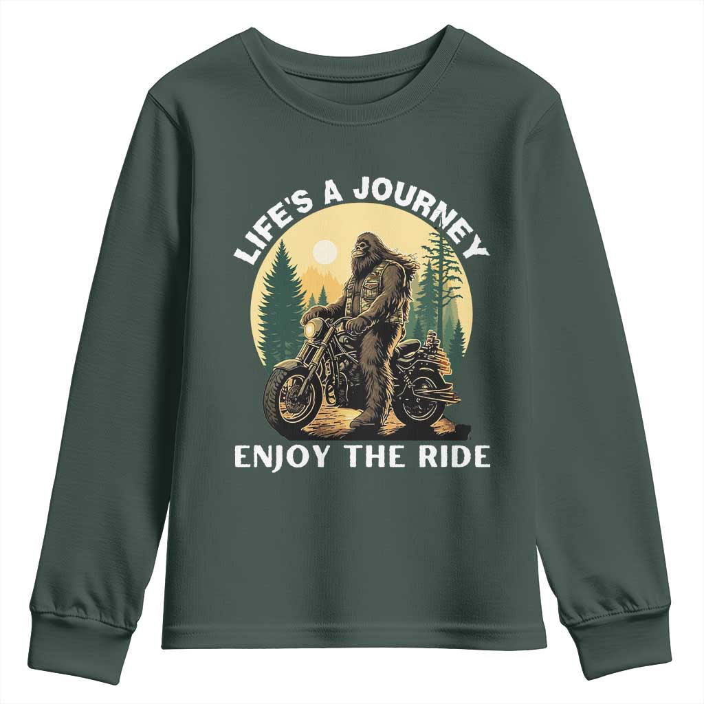 Motorcycle Bigfoot Sasquatch Youth Sweatshirt Life Is A Journey Enjoy The Ride TS14 Dark Forest Green Print Your Wear