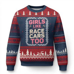 Racing Girl Ugly Christmas Sweater Girls Like Race Cars Too TS14 Navy Red Print Your Wear