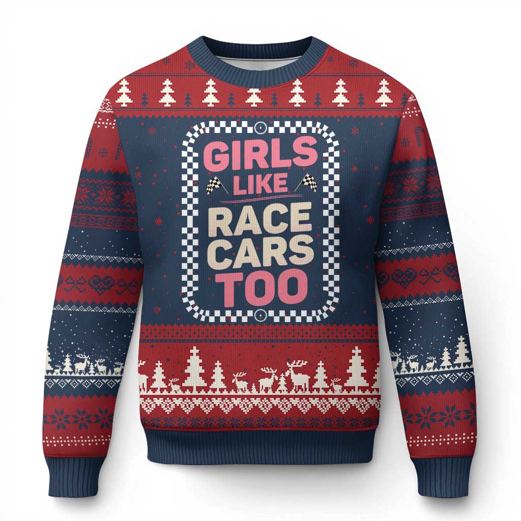 Racing Girl Ugly Christmas Sweater Girls Like Race Cars Too TS14 Navy Red Print Your Wear