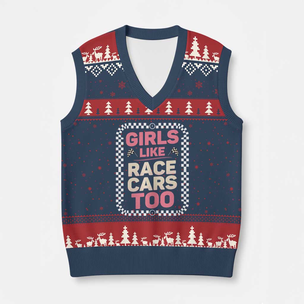 Racing Girl V-Neck Knit Sweater Vest Girls Like Race Cars Too TS14 Navy Red Print Your Wear