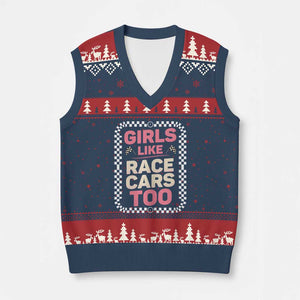 Racing Girl V-Neck Knit Sweater Vest Girls Like Race Cars Too TS14 Navy Red Print Your Wear
