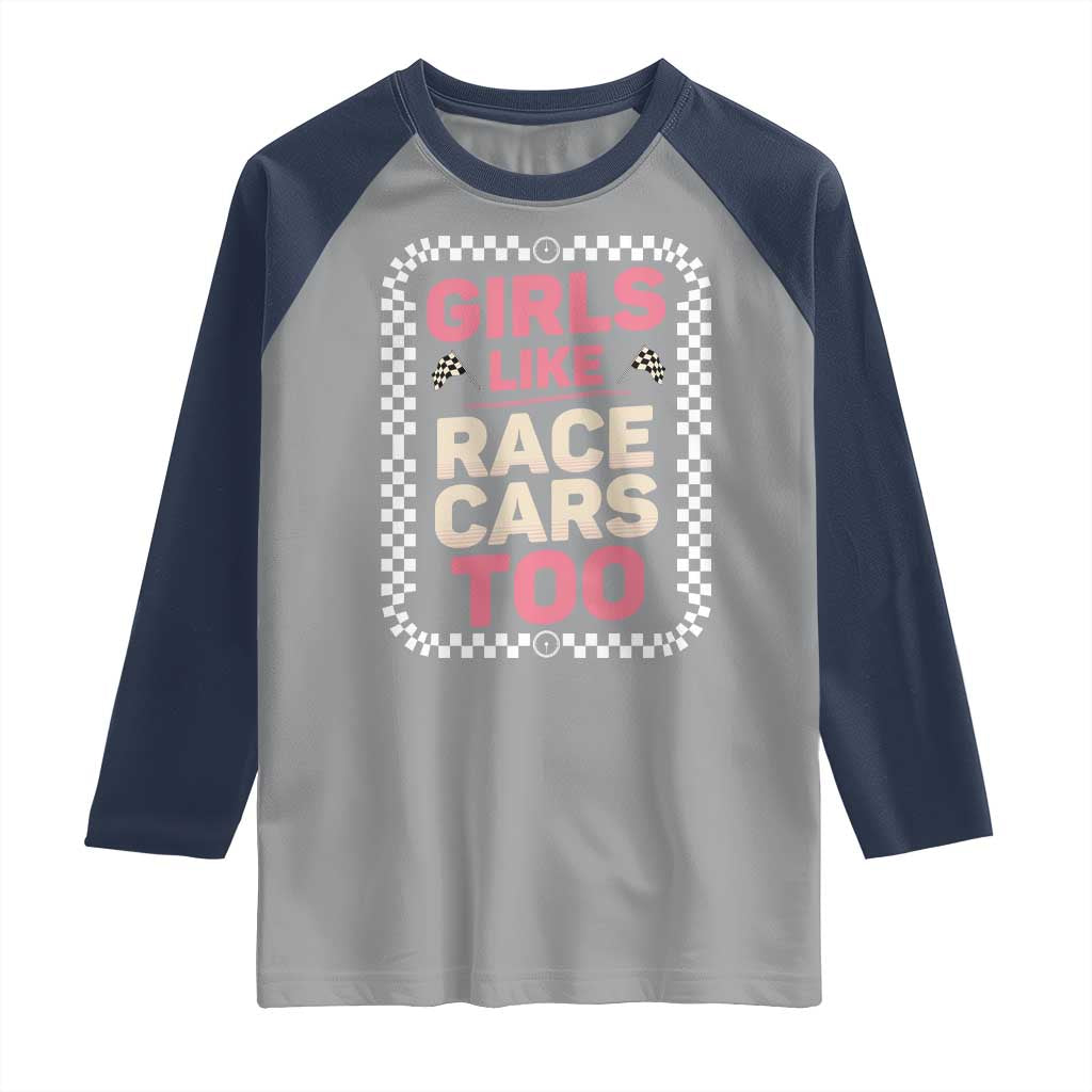 Racing Girl Raglan Shirt Girls Like Race Cars Too TS14 Sport Gray Navy Print Your Wear