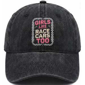 Racing Girl Washed Cotton Baseball Cap Girls Like Race Cars Too TS14 Washed Cap Universal Fit Black Print Your Wear