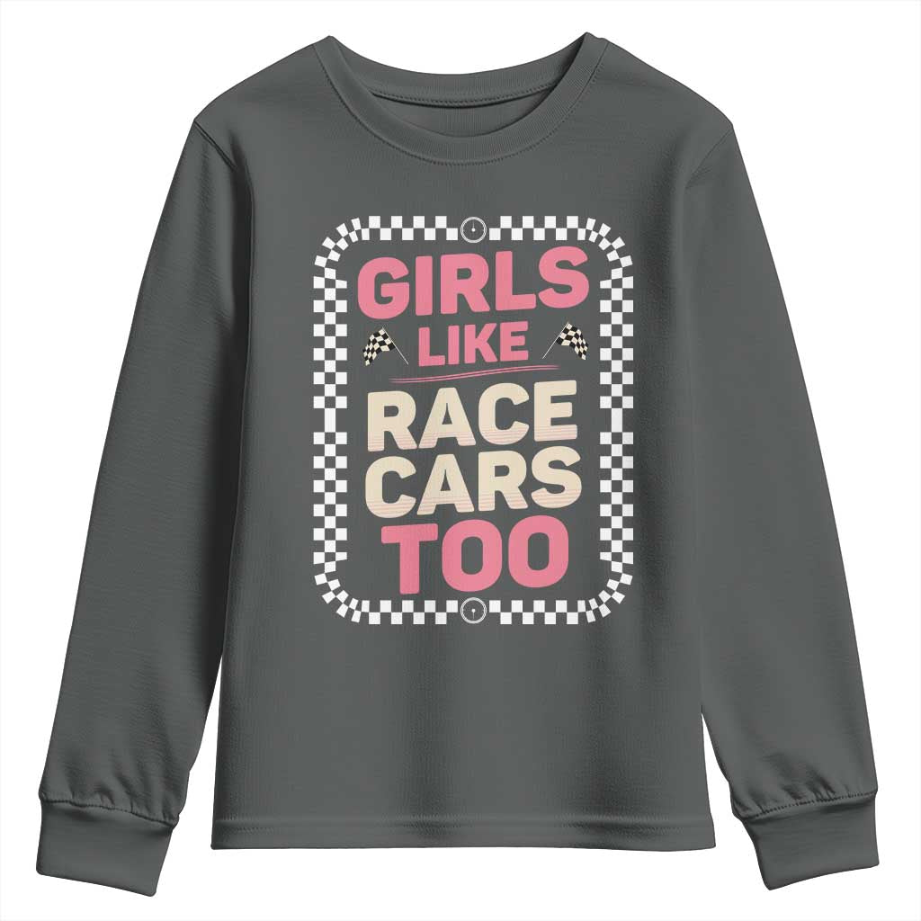 Racing Girl Youth Sweatshirt Girls Like Race Cars Too TS14 Dark Heather Print Your Wear