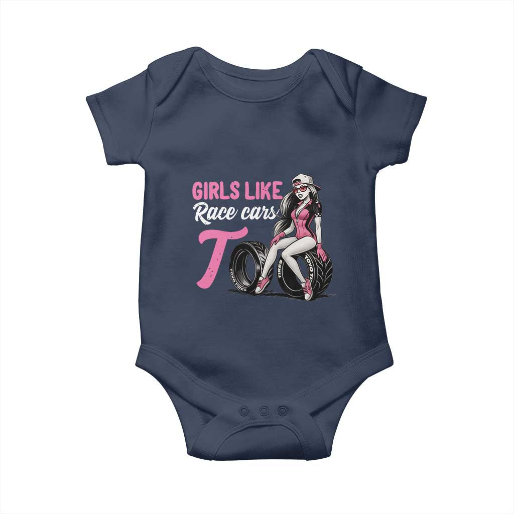 Racing Car Girl Baby Onesie Girls Like Race Cars Too TS14 Navy Print Your Wear