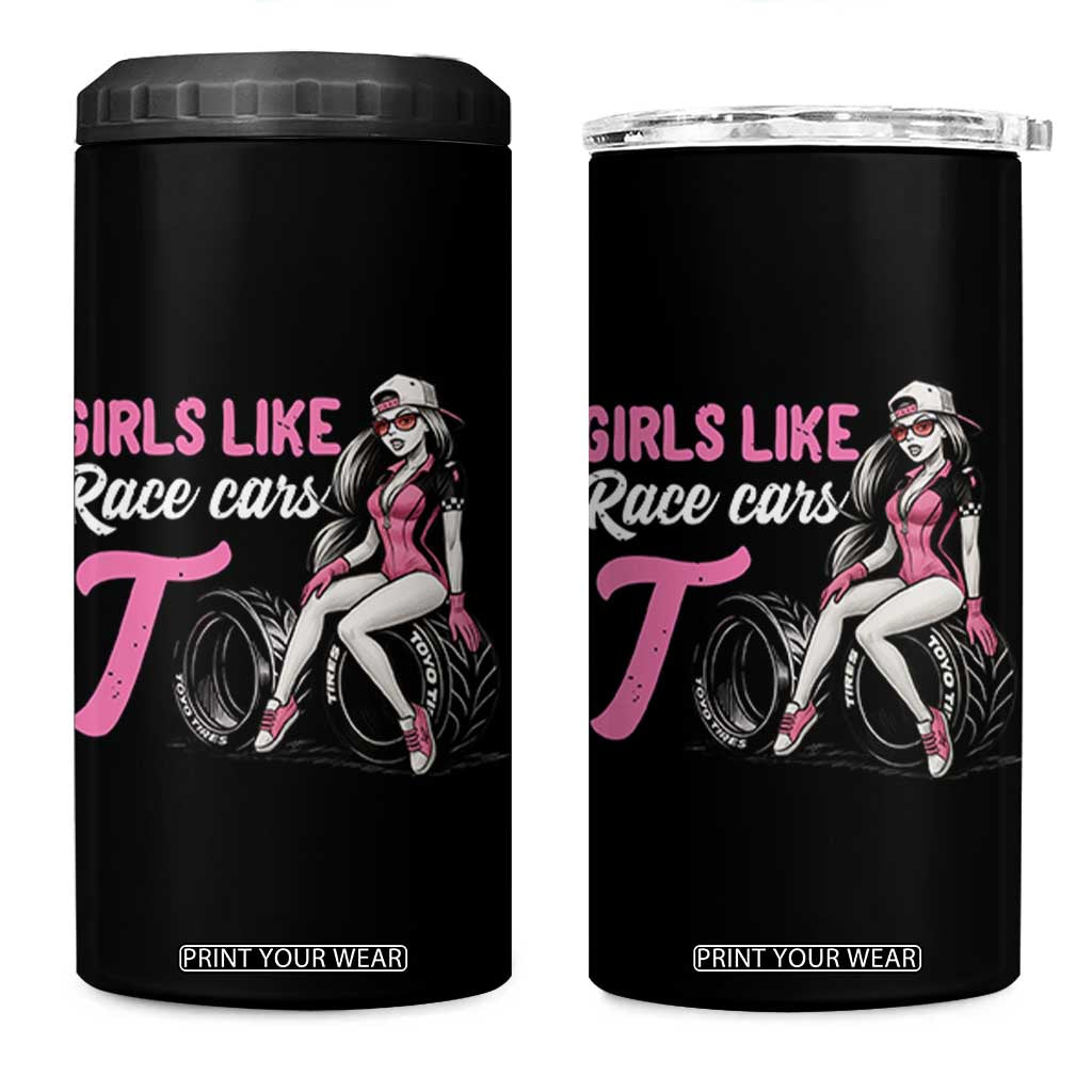 Racing Car Girl 4 in 1 Can Cooler Tumbler Girls Like Race Cars Too TS14 One Size: 16 oz Black Print Your Wear