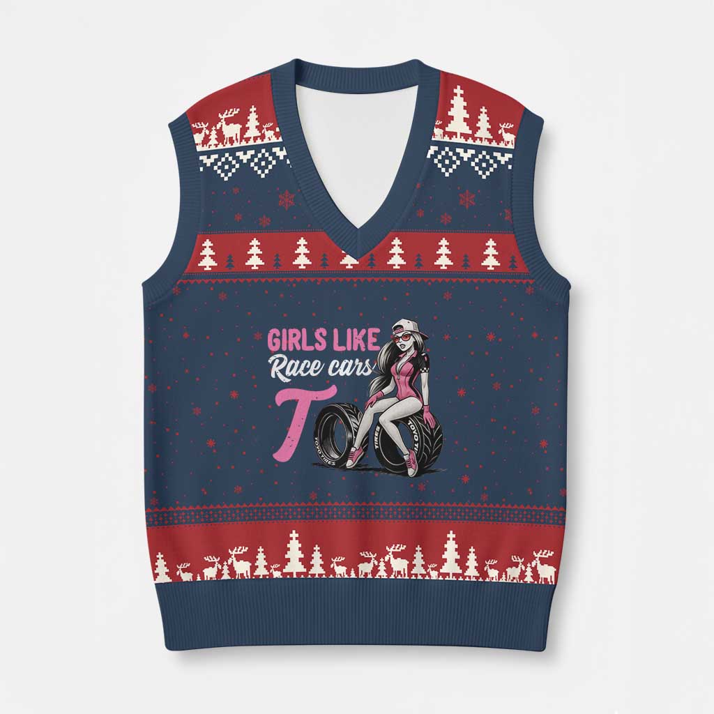 Racing Car Girl V-Neck Knit Sweater Vest Girls Like Race Cars Too TS14 Navy Red Print Your Wear