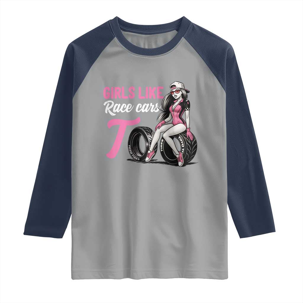 Racing Car Girl Raglan Shirt Girls Like Race Cars Too TS14 Sport Gray Navy Print Your Wear