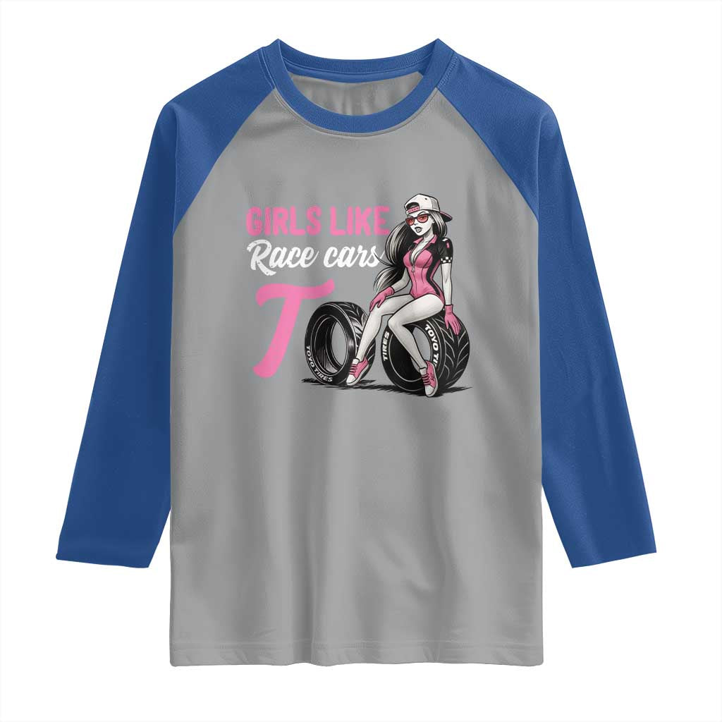 Racing Car Girl Raglan Shirt Girls Like Race Cars Too TS14 Sport Gray Royal Print Your Wear