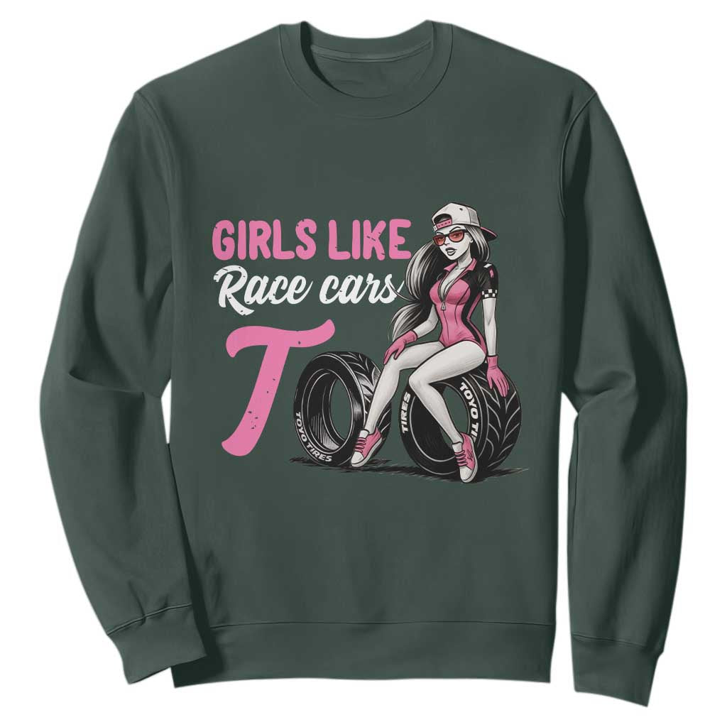 Racing Car Girl Sweatshirt Girls Like Race Cars Too TS14 Dark Forest Green Print Your Wear