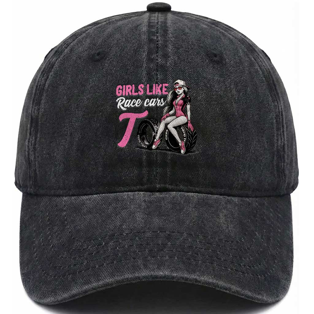 Racing Car Girl Washed Cotton Baseball Cap Girls Like Race Cars Too TS14 Washed Cap Universal Fit Black Print Your Wear