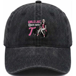 Racing Car Girl Washed Cotton Baseball Cap Girls Like Race Cars Too TS14 Washed Cap Universal Fit Black Print Your Wear