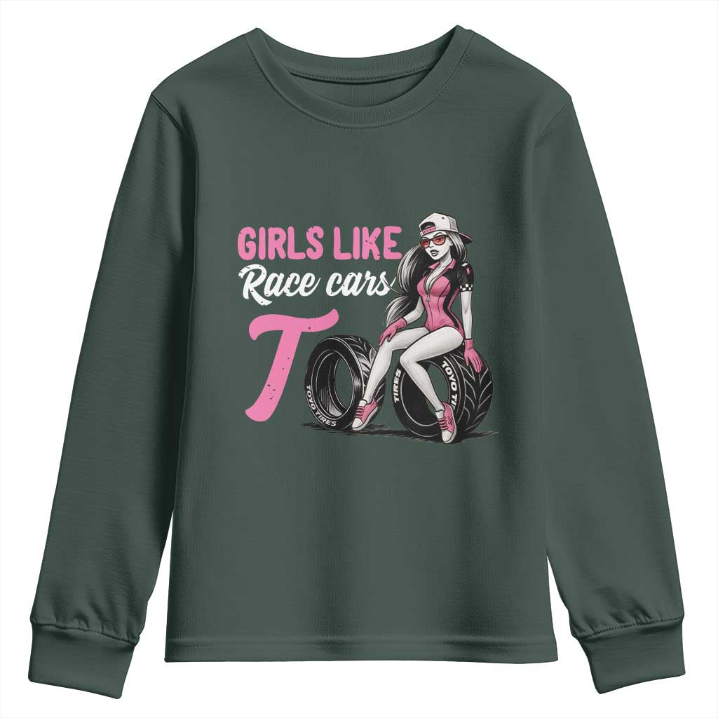Racing Car Girl Youth Sweatshirt Girls Like Race Cars Too TS14 Dark Forest Green Print Your Wear