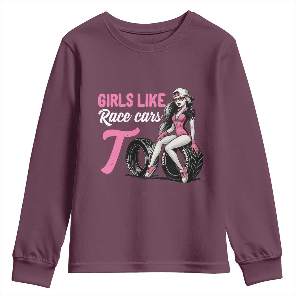 Racing Car Girl Youth Sweatshirt Girls Like Race Cars Too TS14 Maroon Print Your Wear
