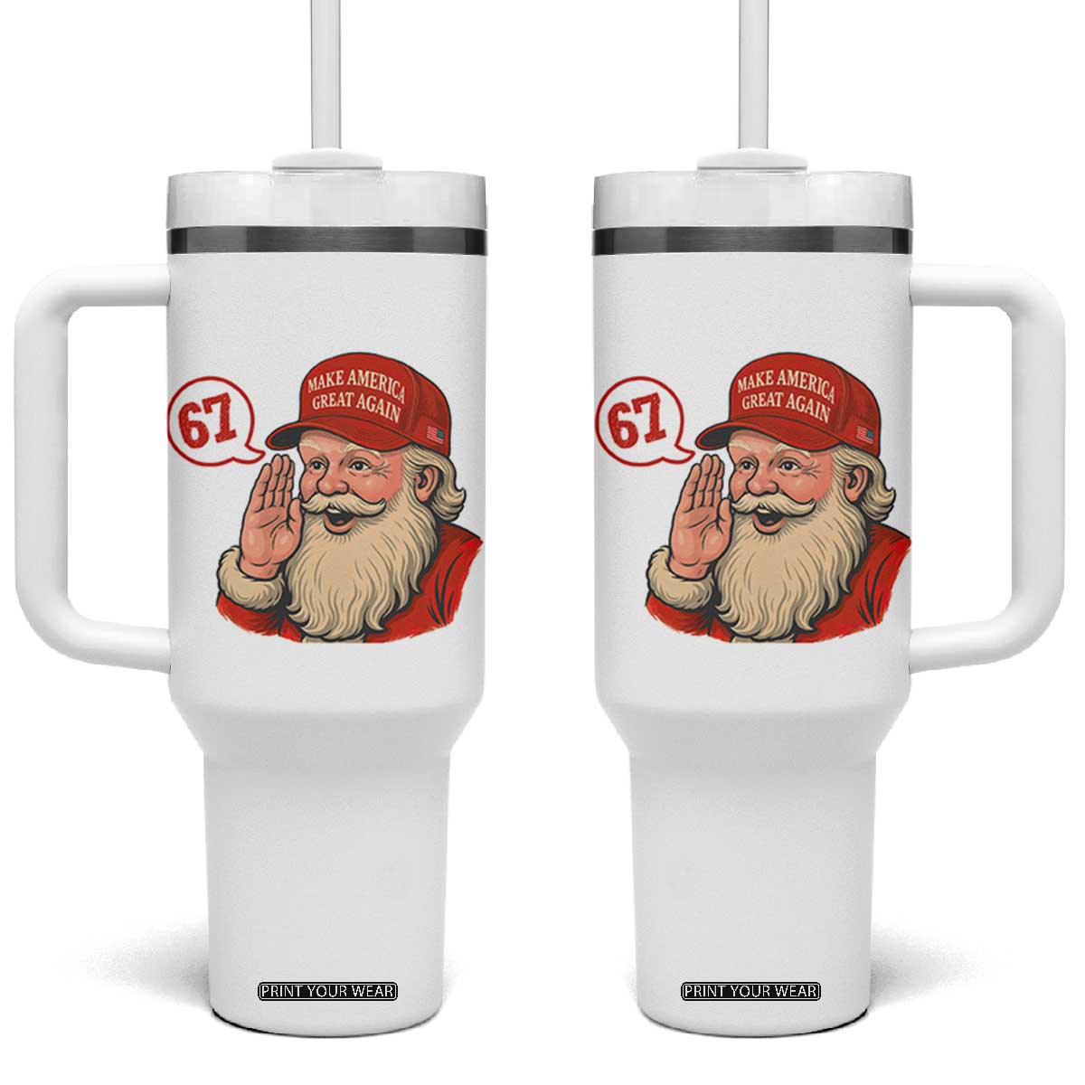 67 Six Seven Christmas Tumbler With Handle Santa MAGA Hat Xmas TS14 One Size: 40 oz White Print Your Wear