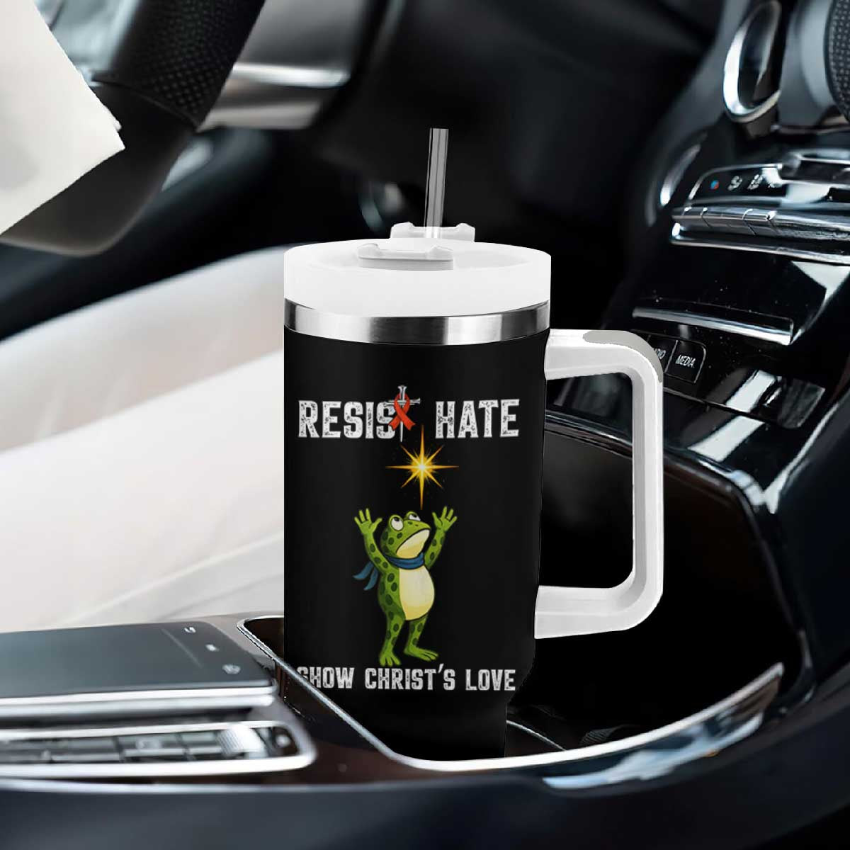 Resist Frog Tumbler With Handle Christian HIV Awareness Red Ribbon TS14 Print Your Wear