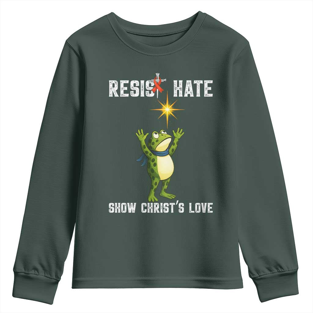 Resist Frog Youth Sweatshirt Christian HIV Awareness Red Ribbon TS14 Dark Forest Green Print Your Wear