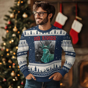 No Kings Ugly Christmas Sweater Statue of Liberty Selfie Freedom TS14 Navy Beige Print Your Wear