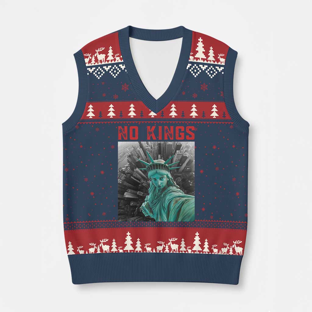 No Kings V-Neck Knit Sweater Vest Statue of Liberty Selfie Freedom TS14 Navy Red Print Your Wear