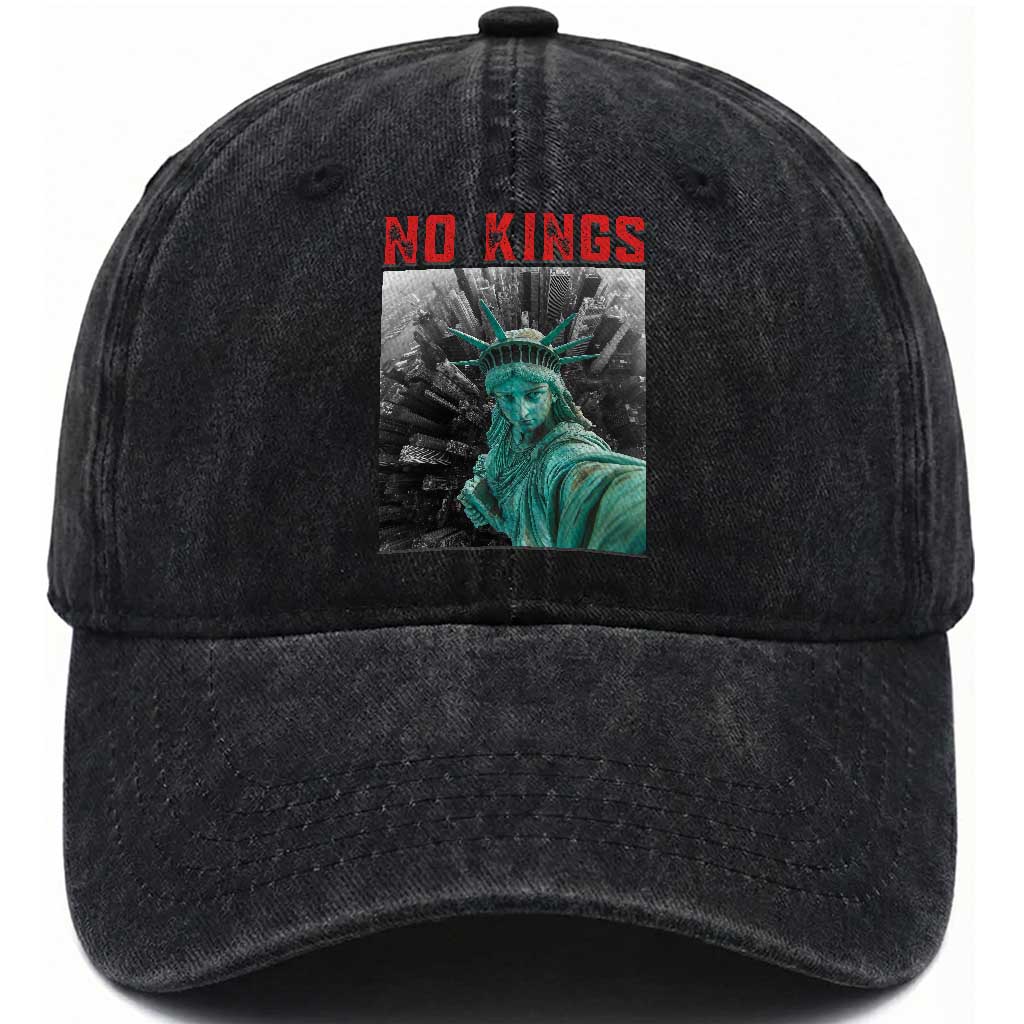No Kings Washed Cotton Baseball Cap Statue of Liberty Selfie Freedom TS14 Washed Cap Universal Fit Black Print Your Wear