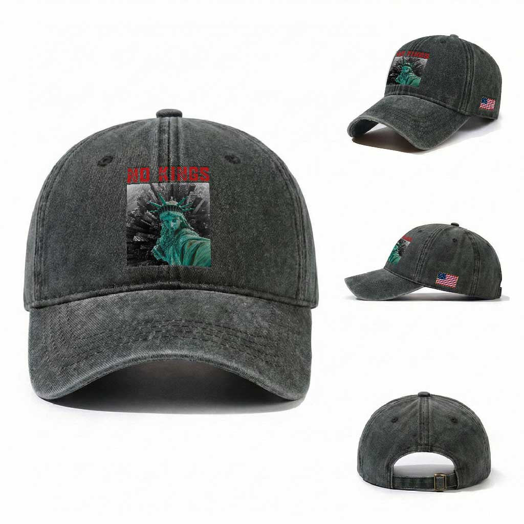 No Kings Washed Cotton Baseball Cap Statue of Liberty Selfie Freedom TS14 Washed Cap Universal Fit Dark Green Print Your Wear