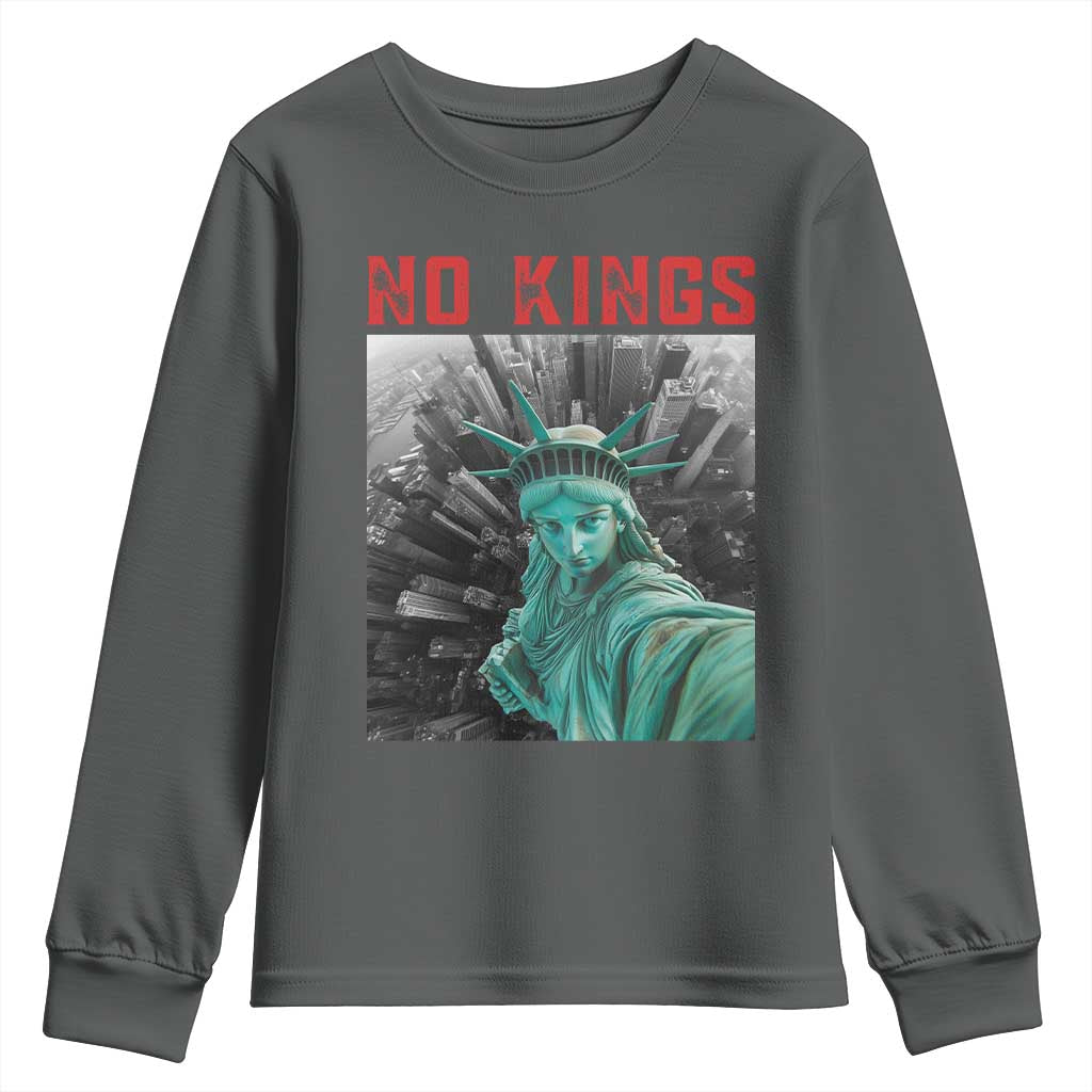 No Kings Youth Sweatshirt Statue of Liberty Selfie Freedom TS14 Dark Heather Print Your Wear