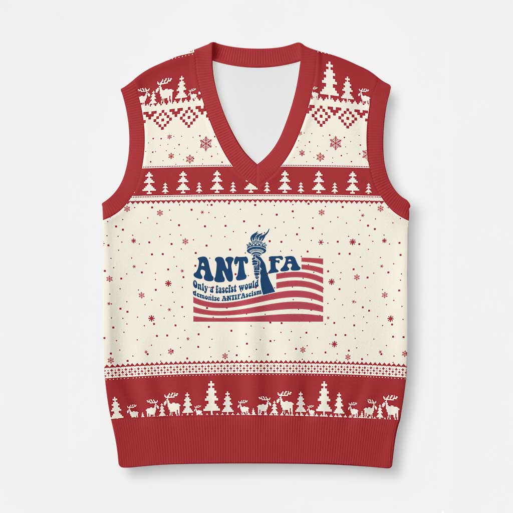 Antifa Fascism Patriotic V-Neck Knit Sweater Vest Antifascist Statue of Liberty TS14 Beige Red Print Your Wear