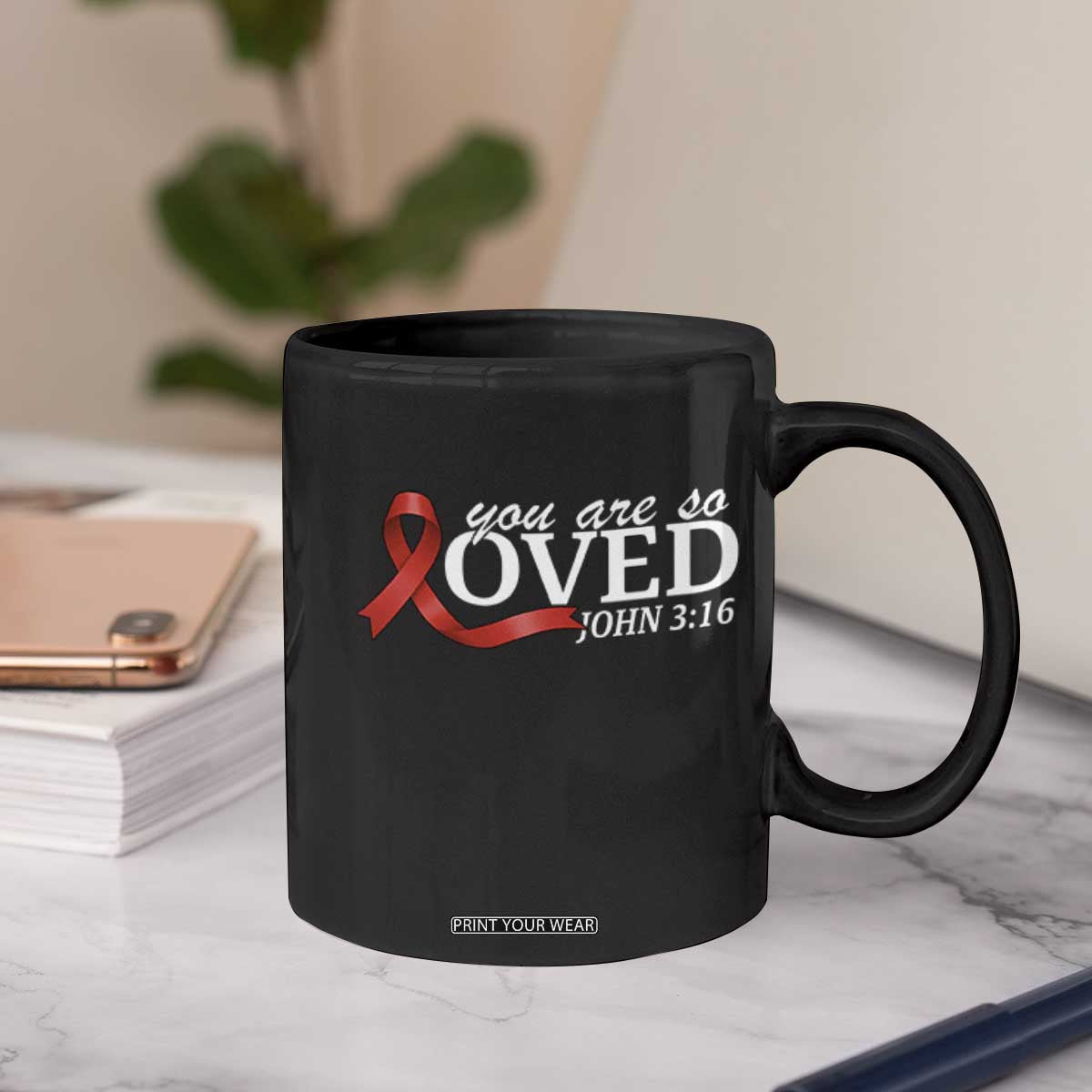 Red Ribbon Christian Coffee Mug Cross Bible Verse Inspirational Religious Faith TS14 Print Your Wear