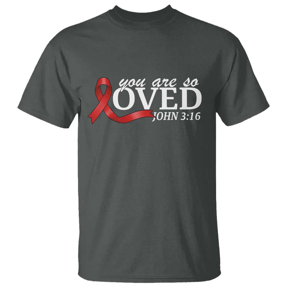 Red Ribbon Christian T Shirt Cross Bible Verse Inspirational Religious Faith TS14 Dark Heather Print Your Wear