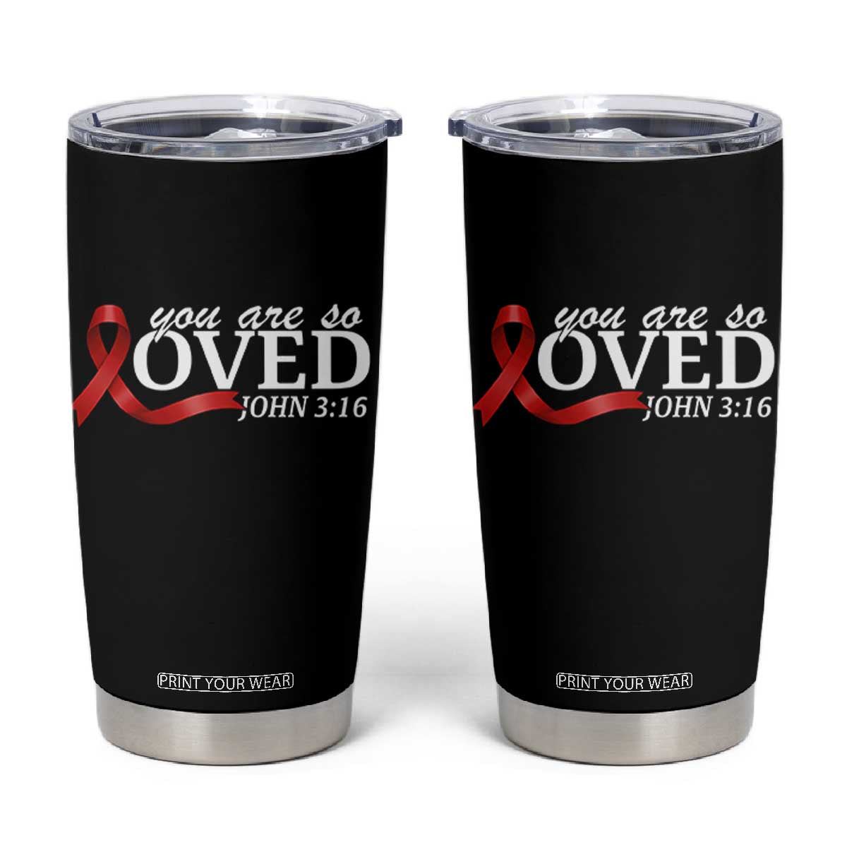 Red Ribbon Christian Tumbler Cup Cross Bible Verse Inspirational Religious Faith TS14 Black Print Your Wear
