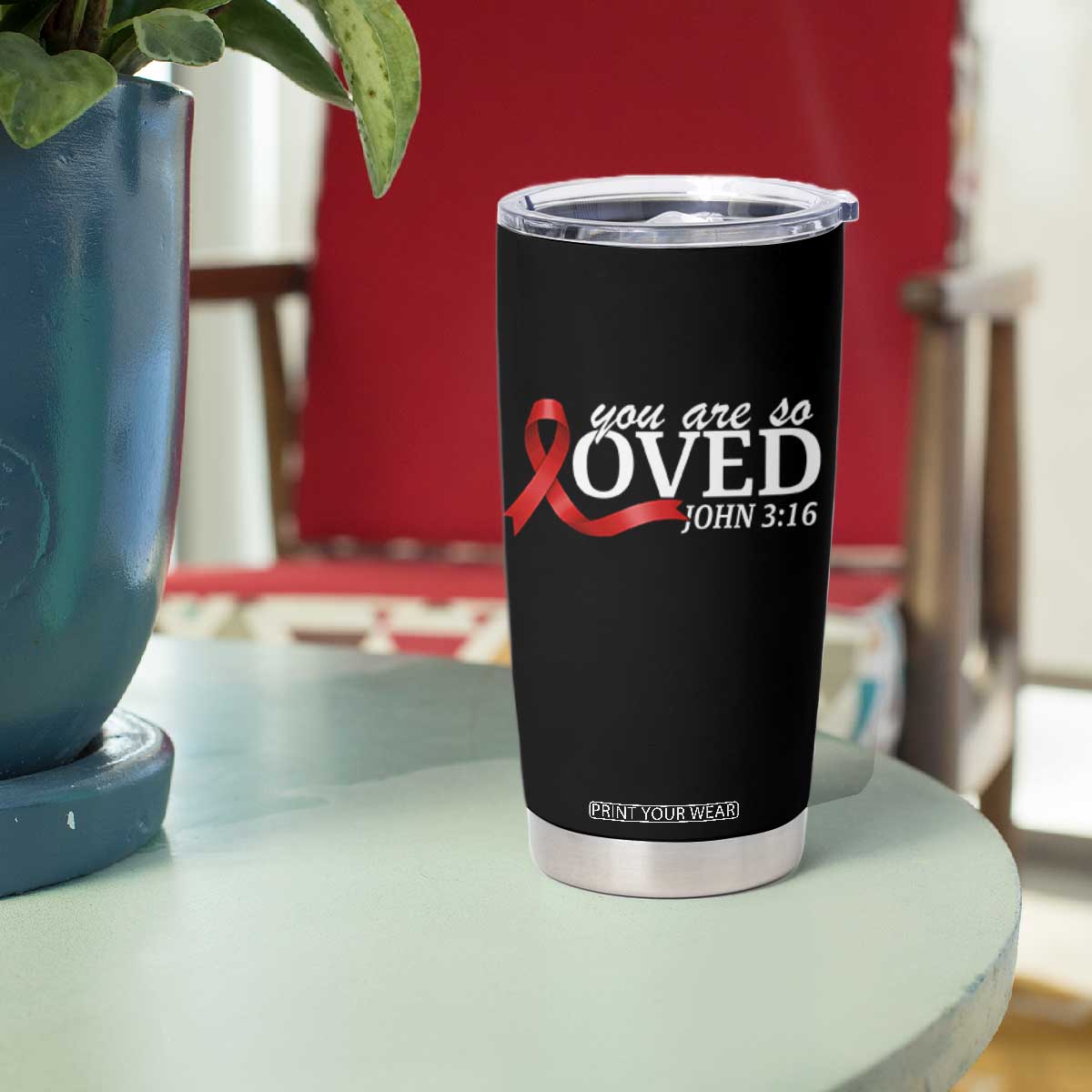 Red Ribbon Christian Tumbler Cup Cross Bible Verse Inspirational Religious Faith TS14 Print Your Wear