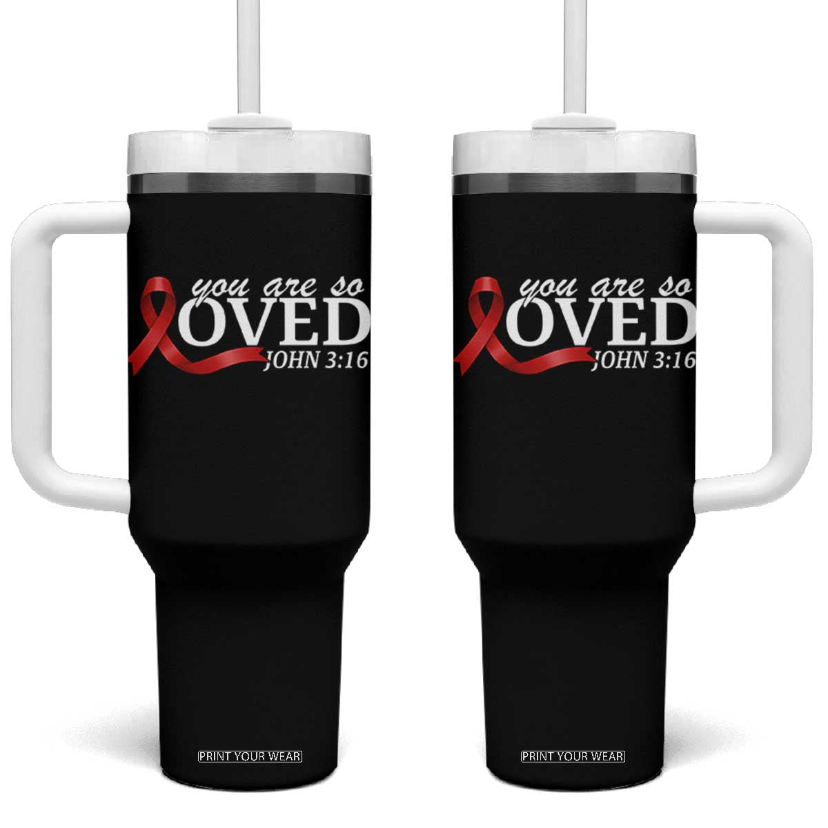 Red Ribbon Christian Tumbler With Handle Cross Bible Verse Inspirational Religious Faith TS14 One Size: 40 oz Black Print Your Wear