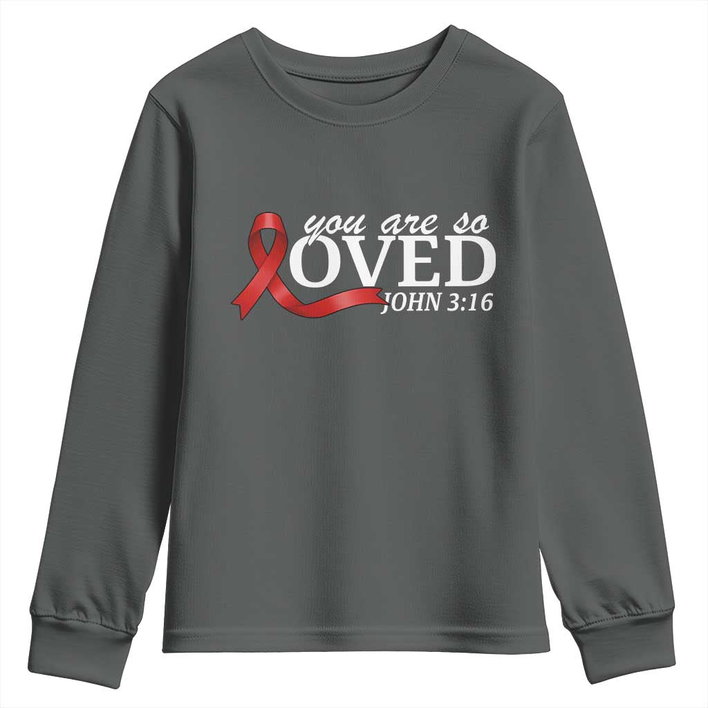 Red Ribbon Christian Youth Sweatshirt Cross Bible Verse Inspirational Religious Faith TS14 Dark Heather Print Your Wear