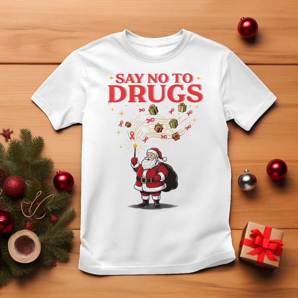 Santa Christmas T Shirt AIDS Awwanrness Red Ribbon HIV Support TS14 White Print Your Wear