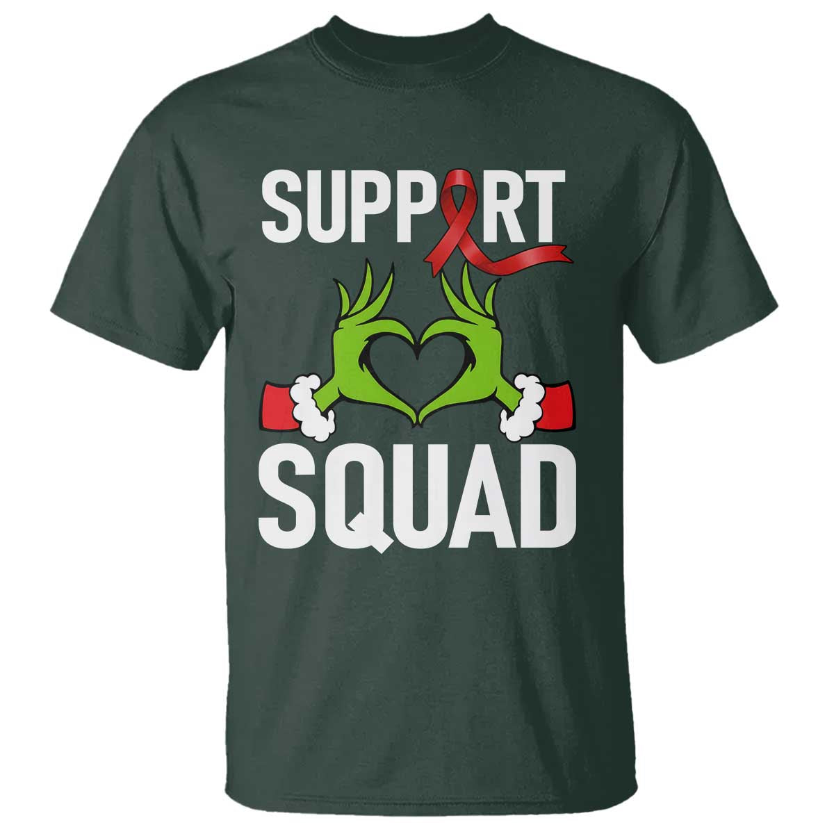 Red Ribbon AIDS Awareness T Shirt Elf Hand Christmas HIV Support TS14 Dark Forest Green Print Your Wear