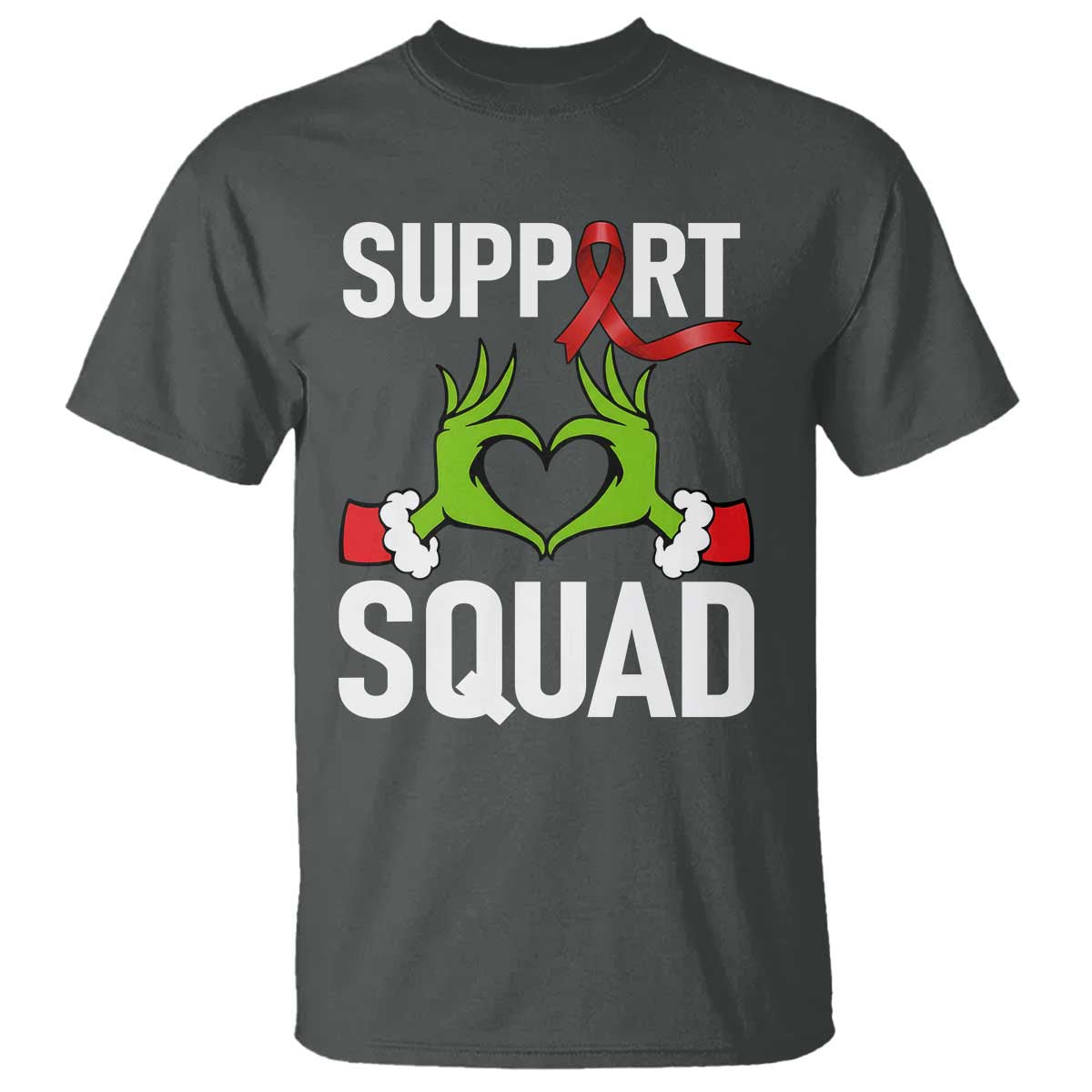 Red Ribbon AIDS Awareness T Shirt Elf Hand Christmas HIV Support TS14 Dark Heather Print Your Wear