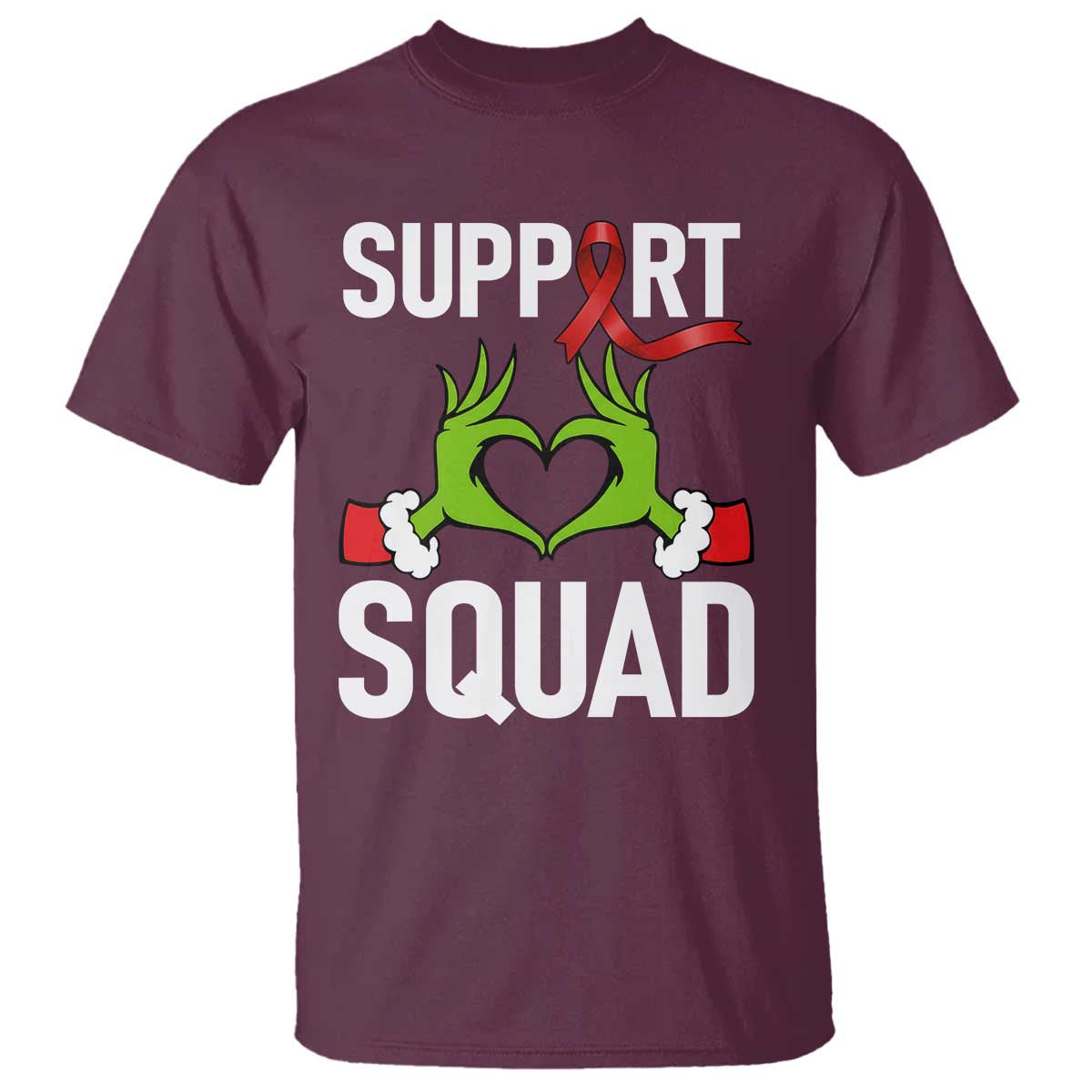 Red Ribbon AIDS Awareness T Shirt Elf Hand Christmas HIV Support TS14 Maroon Print Your Wear