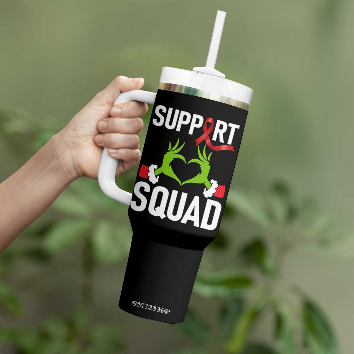 Red Ribbon AIDS Awareness Tumbler With Handle Elf Hand Christmas HIV Support TS14 Print Your Wear