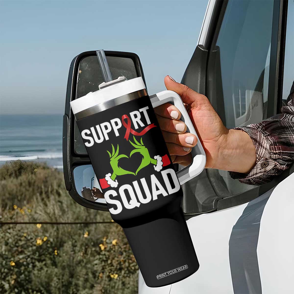 Red Ribbon AIDS Awareness Tumbler With Handle Elf Hand Christmas HIV Support TS14 Print Your Wear