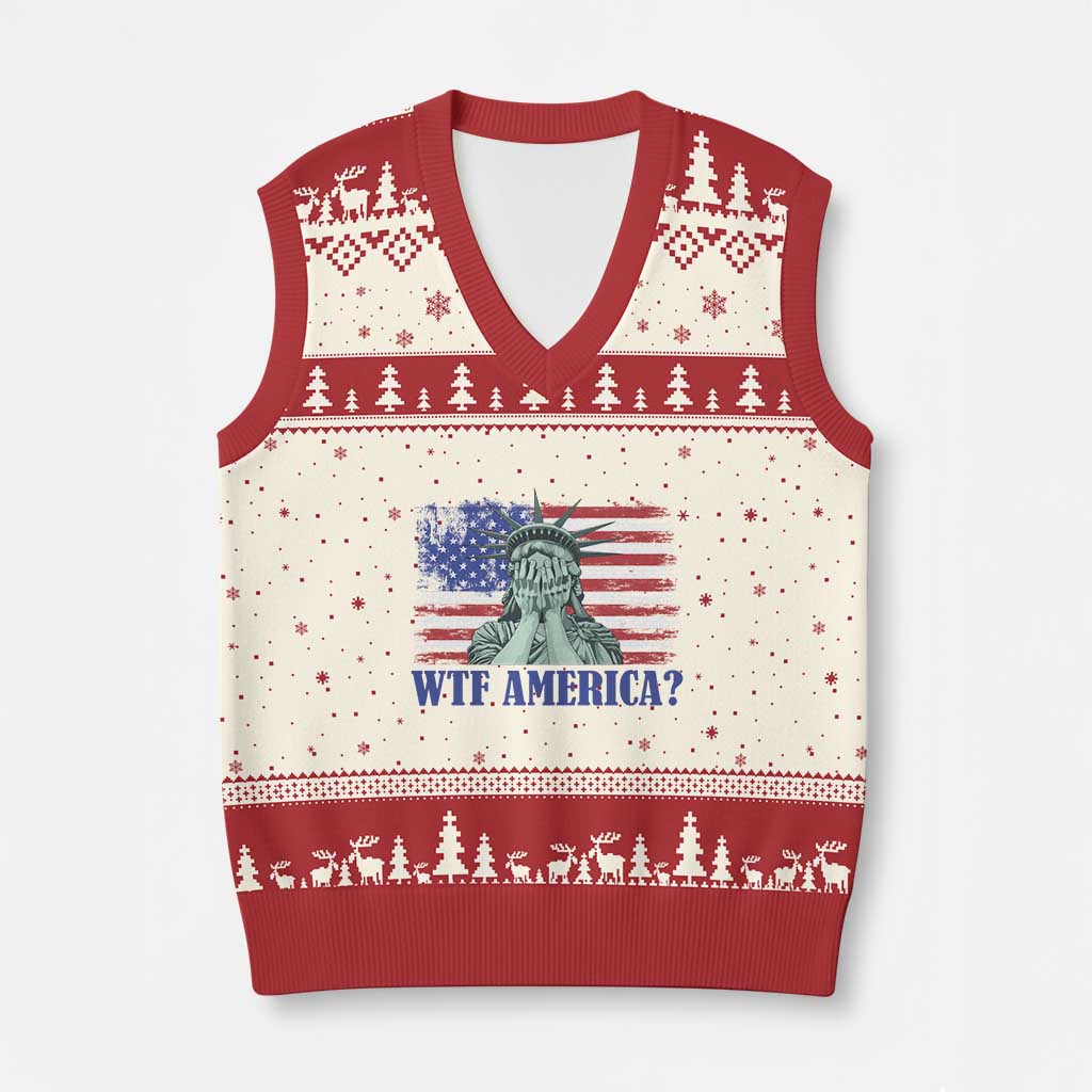 Funny American V-Neck Knit Sweater Vest Statue of Liberty WTF USA Freedom Satire TS14 Beige Red Print Your Wear
