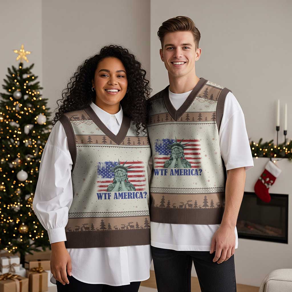Funny American V-Neck Knit Sweater Vest Statue of Liberty WTF USA Freedom Satire TS14 Mocha Mousse Print Your Wear