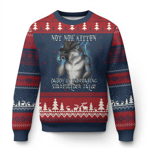 Not Now Kitten Daddy Increasing Shareholder Value Ugly Christmas Sweater Funny Werewolf Meme Sarcastic TS14 Navy Red Print Your Wear