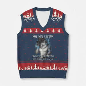 Not Now Kitten Daddy Increasing Shareholder Value V-Neck Knit Sweater Vest Funny Werewolf Meme Sarcastic TS14 Navy Red Print Your Wear