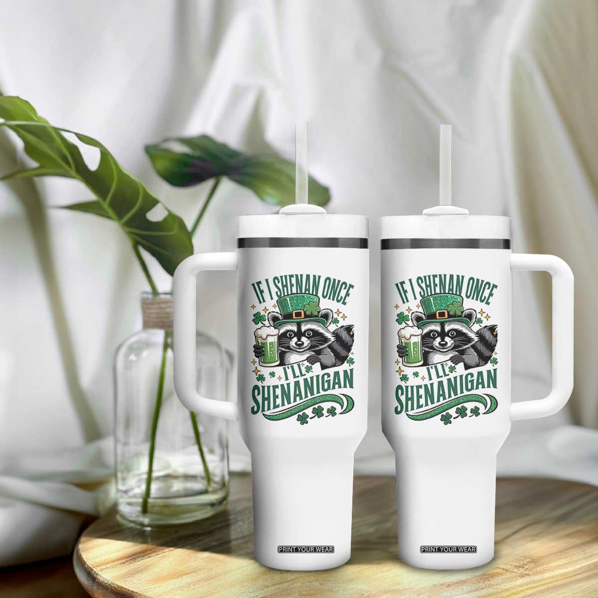 Funny St Patricks Day Raccoon Drinking Beer Tumbler With Handle If I Shenan Once I'll Shenanigan TS14 Print Your Wear